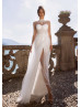 White Sequin Slit Wedding Dress With Detachable Train